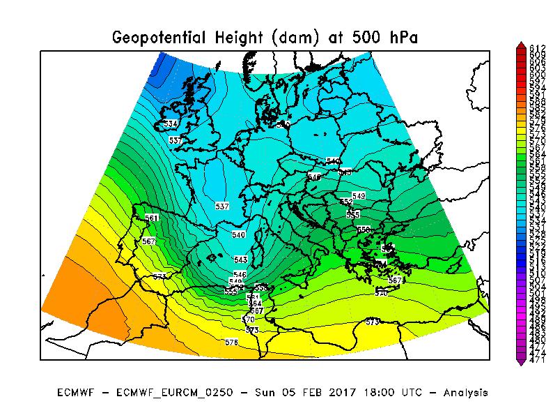 Considerazioni generali Figura 1 Analisi dell altezza di geopotenziale a 500 hpa alle ore 18 UTC del 5 febbraio 2017.