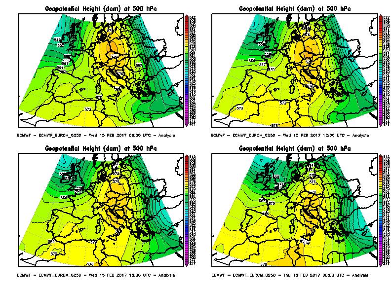 Figura 3 Evoluzione dell altezza di geopotenziale a 500 hpa tra le ore 06 UTC del 15 febbraio e 00 UTC del 16 febbraio 2017, intervallata ogni 6 ore.