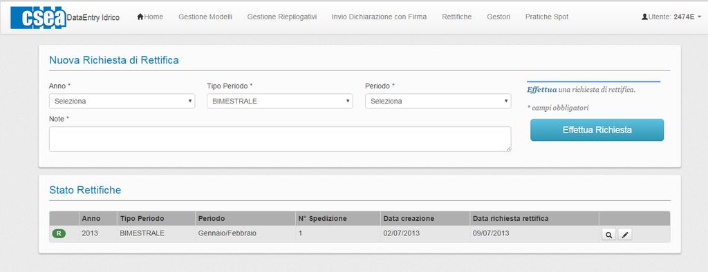 6. Rettifiche Nei casi in cui si presenti la necessità di rettificare una dichiarazione già inviata alla Cassa conguaglio, l utente, selezionando il pulsante Rettifiche nel menù in alto del DataEntry