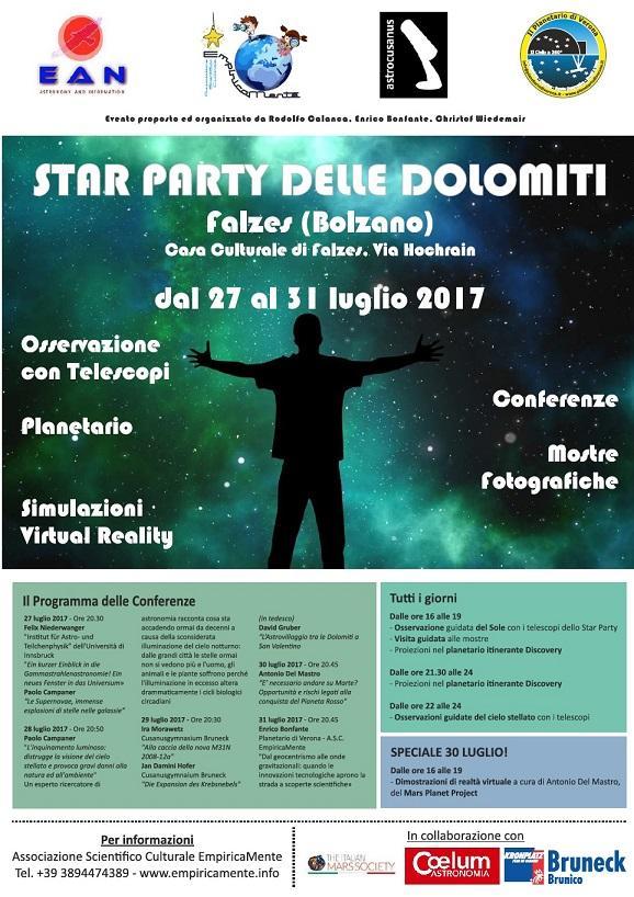 STAR PARTY DELLE DOLOMITI Falzes (BZ), 27-31 luglio 2017 Nota conclusiva di Rodolfo Calanca Lo Star Party di Falzes, ecco una bella esperienza sul campo che merita di essere