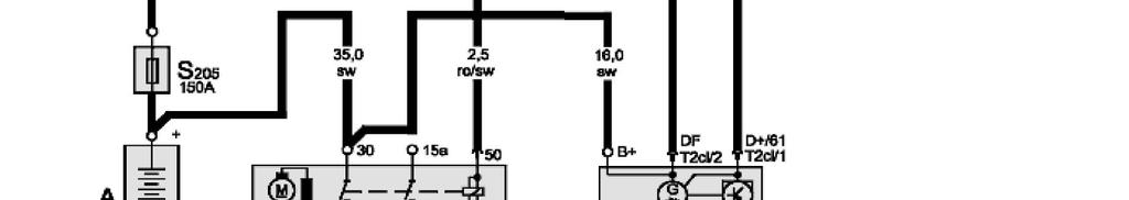 Interruttore multifunzione J207 - Relè blocco avviamento S205 - Fusibile -2-(30) T1h - Connessione a spina semplice, nera, nel vano motore a destra T2cl - Connessione a spina a 2 poli, nera,