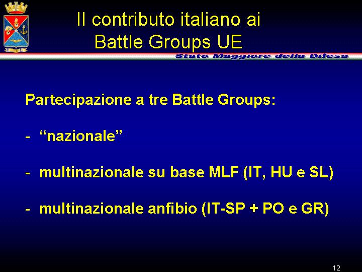 L Italia parteciperà alla costituzione di tre Battle Groups. Uno interamente nazionale.
