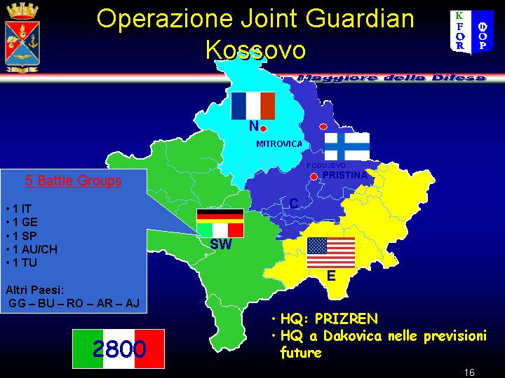 In Kosovo, dove e in corso l operazione Joint Guardian a guida NATO per il controllo delle tensioni etniche nell area, le forze italiane, che ammontano complessivamente a 2850 militari, operano nell