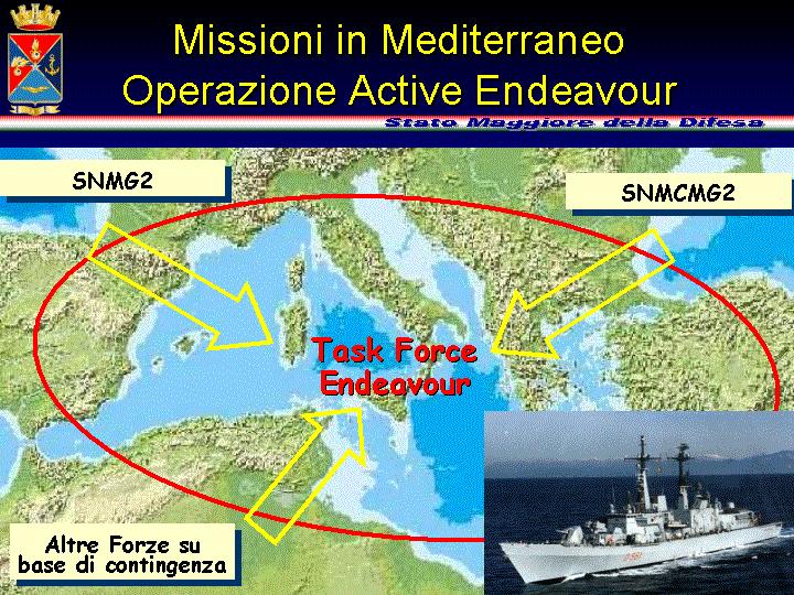 In Mediterraneo prosegue l Operazione Active Endeavour che vede l impiego di un dispositivo aeronavale, attivato subito dopo l attacco dell 11 settembre, di cui fanno parte unità delle forze navali