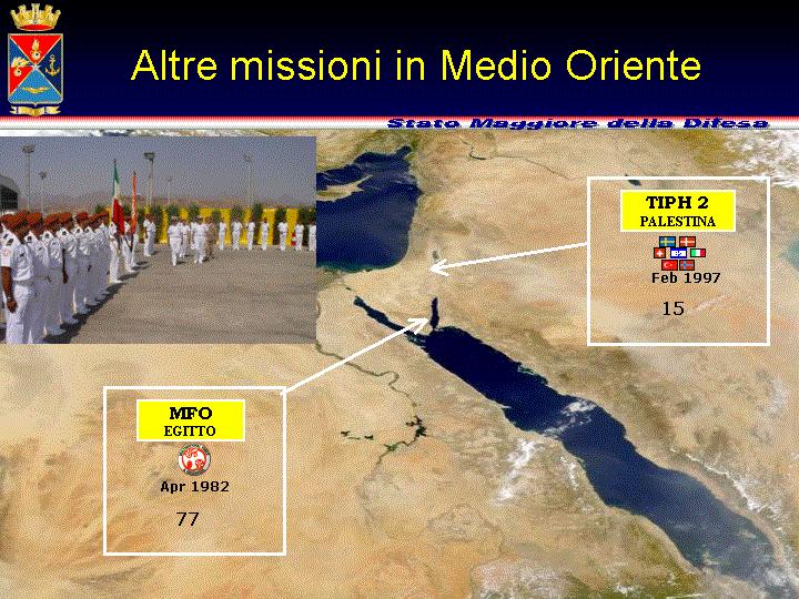 Oltre alle missioni in Iraq e in Afghanistan, nell area Medio- Orientale l Italia partecipa anche: - alla MFO (Multinational Force and Observers) con 3 pattugliatori costieri e 76 persone della