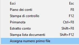 Esci : uscita dal programma; Piano dei conti : permette di aprire direttamente il piano dei conti; Stampa di controllo : stampa una lista di controllo; Primanota : permette di aprire direttamente la