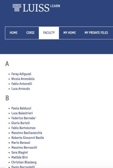 2. Configurare la propria pagina personale Nella sezione Faculty presente nella barra dei menu è possibile accedere alla lista di tutti i titolari di corsi istituzionali.