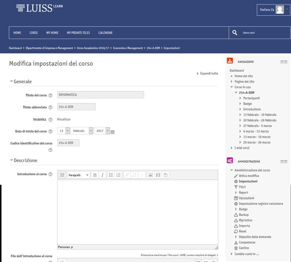 Nella finestra di configurazione, è possibile impostare diversi parametri, tra cui: la data di inizio corso, che influisce sui titoli dei riquadri per l organizzazione per settimane.