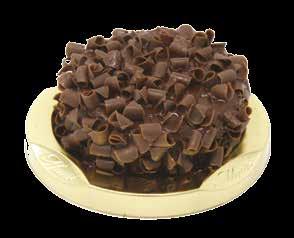 Cocoa sponge cake layered with hazelnuts cream and milk chocolate curls coating.