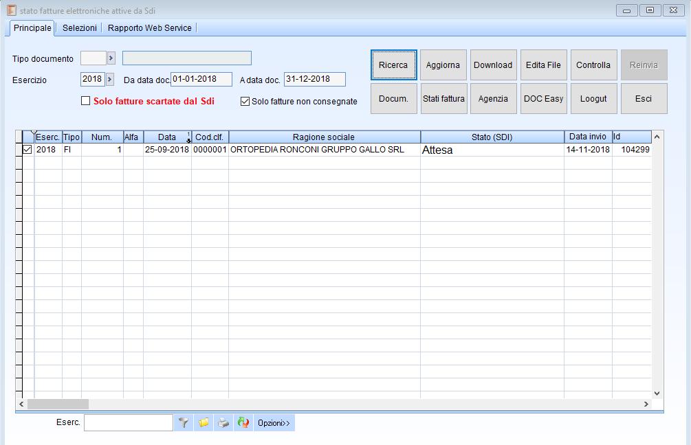 Consultazione stato fatture dal SDI Menu ciclo attivo,fatture elettroniche, stato fatture attive da SDI - Dopo aver inviato le fatture si possono monitorare da questa maschera - Ricerca per la lista