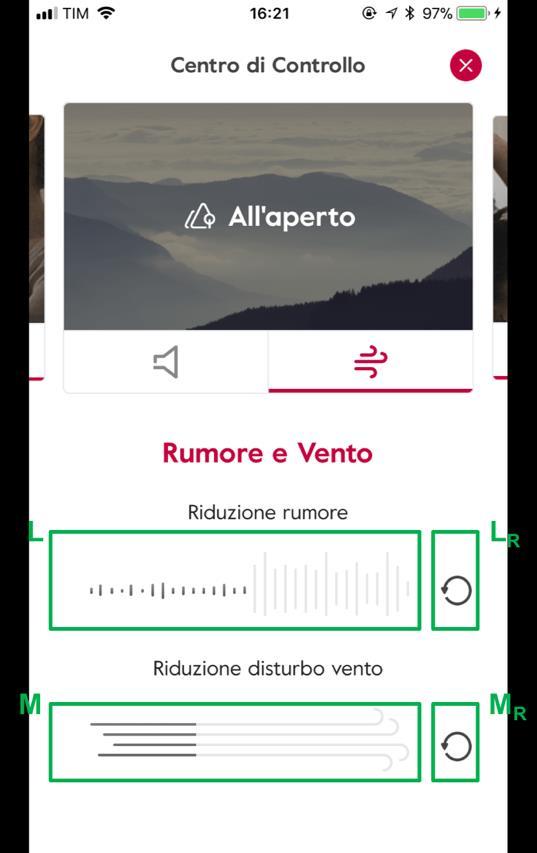 6.5. Riduzione del rumore e del vento Se l audioprotesista ha abilitato la riduzione del rumore/vento per uno specifico programma, l utente può regolare la riduzione del rumore o del vento dal Centro