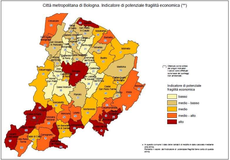 Fragilità economica La potenziale fragilità economica si definisce in primo luogo in relazione ad indicatori riferiti al reddito: il reddito complessivo medio per contribuente (come risultante dai