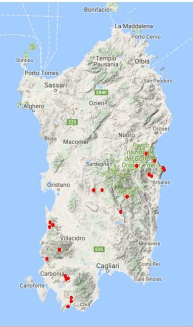 Distribuzione allevamenti caprini visitati IGLESIENTE E COSTA VERDE SULCIS OGLIASTRA CENTRO SARDEGNA Provincia n.