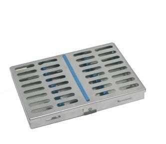 Stainless steel instrument cassette with cover and security-instant-lock. Silicone rubber instrument holding rails. Dimensions: 250 x 180 x 22 mm.
