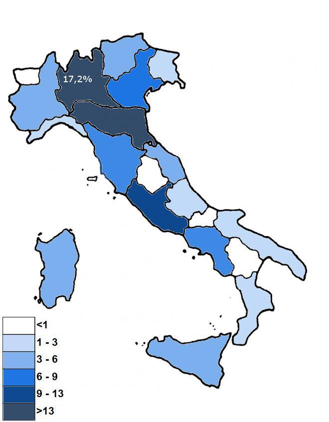 Distribuzione regionale RTDb -Il 64,9% degli RTDb è concentrato in 5 regioni: Lombardia,