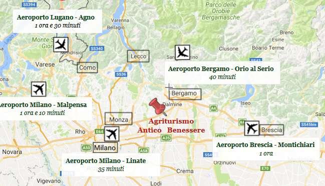 A DUE PASSI DA MILANO E DAI PRINCIPALI AEROPORTI Il nostro agriturismo ti aspetta a poche decine di minuti da Milano, da Bergamo e da tutti i principali aeroporti della