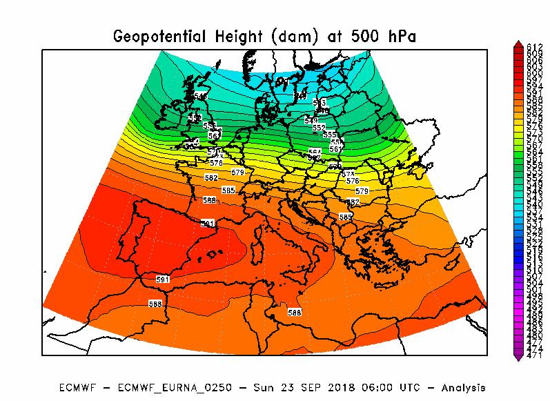 Figura 2 Altezza di geopotenziale a 500 hpa (dam) alle ore 06 UTC del 23 settembre 2018.