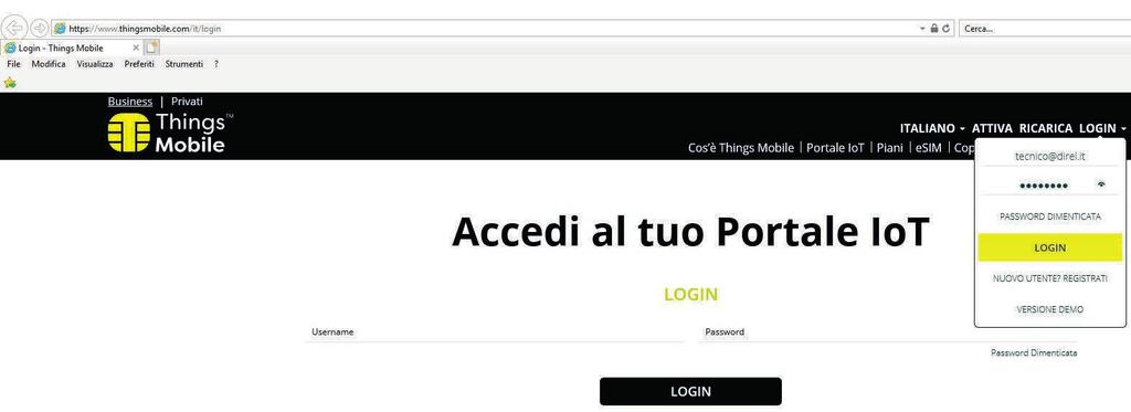 Accesso al Portale e Registrazione Nuova SIM Dati Con le credenziali ricevute, tramite la sezione di LOGIN, è ora possibile accedere al nostro profilo nel Portale Things