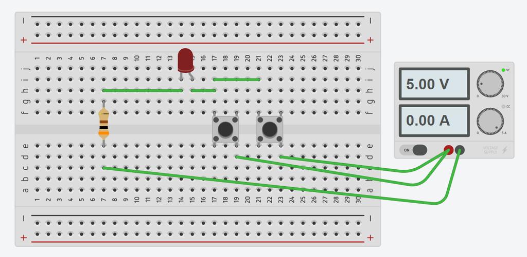 CIRCUITO ACCENSIONE DIODI LED TRAMITE 2 PUSH BUTTON SCEGLIERE LA RESISTENZA ELETTRICA IN MODO DA AVERE AL MASSIMO 20 mma DI CORRENTE ELETTRICA.