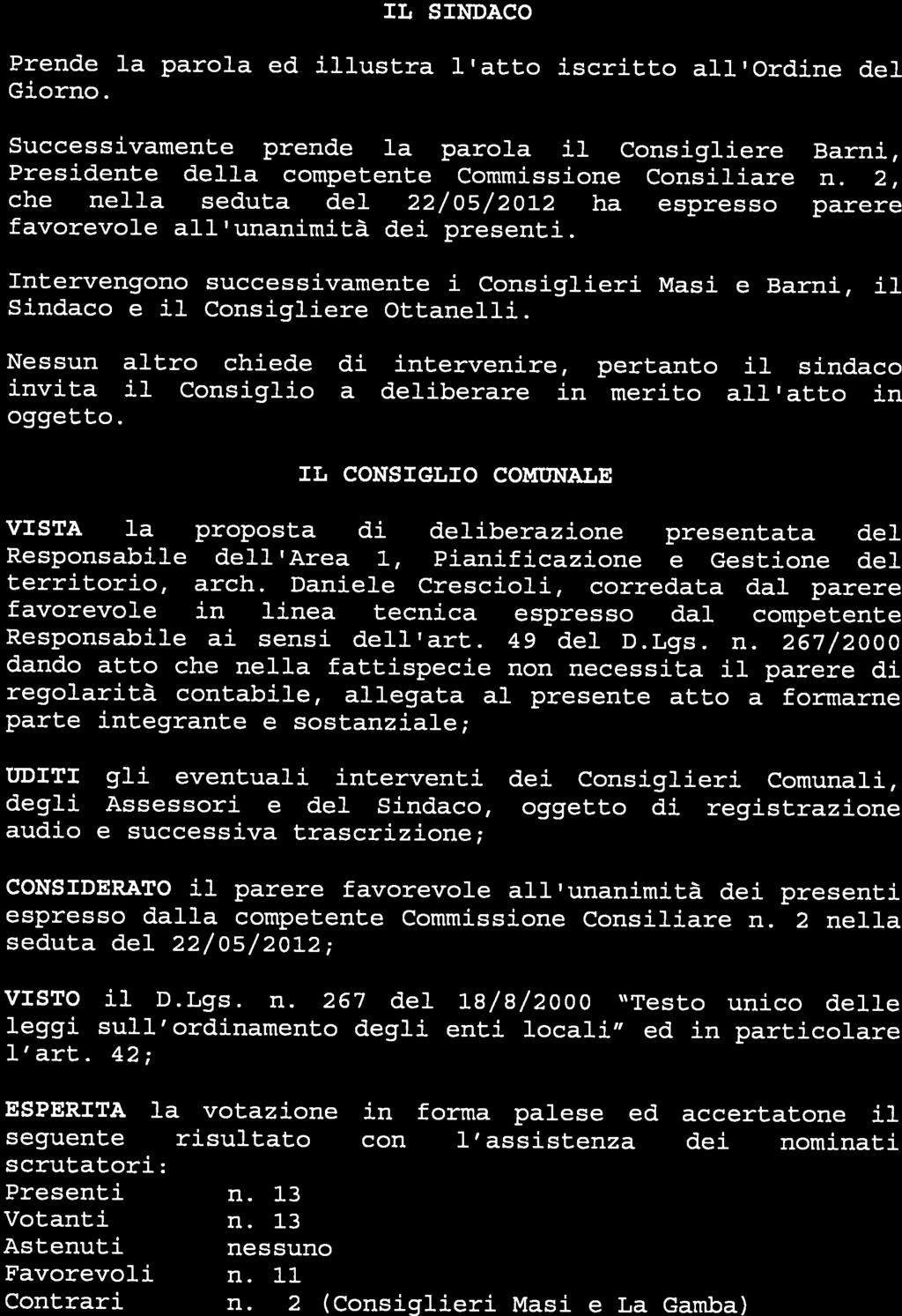 COMUNE VAIANO IL SINDACO Prende la parola ed lustra l atto scrtto all Ordne del Gorno. Successvamente prende la parola Consglere Barn, Presdente della competente Commssone Consare n.