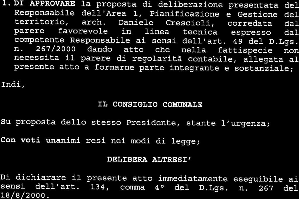 COMUNE VAIANO 1. APPROVARE la proposta d delberazone presentata del Responsabe dell Area 1, Panfcazone e Gestone del terrtoro, arch.