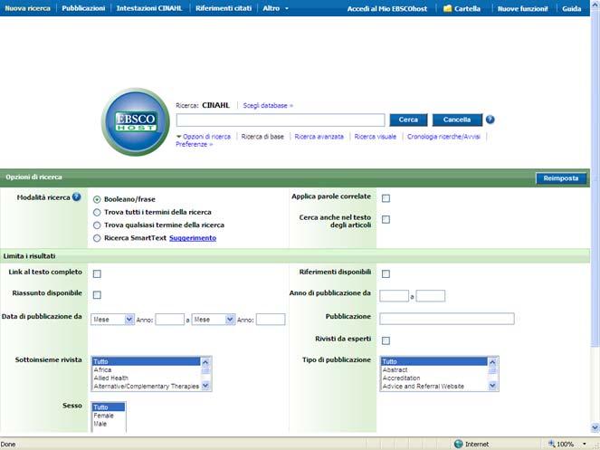 Con la ricerca base è possibile anche scegliere tra le opzioni proposte, selezionando una delle voci proposte: Booleano / Frase Trova tutti i termini della ricerca Trova qualsiasi termine