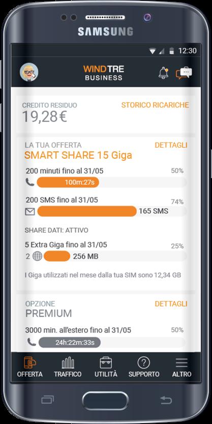 Sezione Offerta Quando l utente accede all App visualizza direttamente la Homepage, ovvero la sezione Offerta, dove sono presenti le informazioni relative a: Credito Residuo (solo in caso di SIM