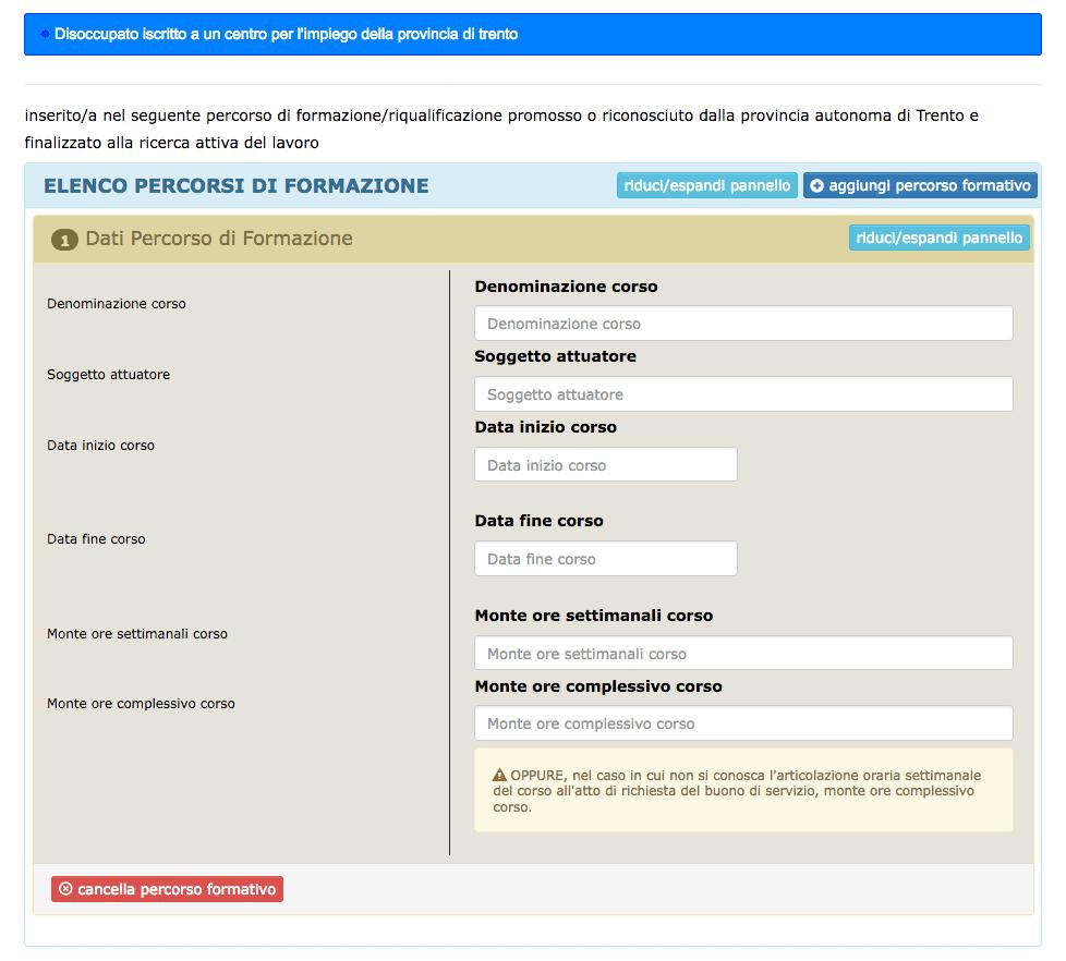 Scegliere l opzione di interesse e cliccare il pulsante per aprire le tabelle con le specifiche richieste (percorsi formativi e/o rapporto di lavoro per lavoratore sospeso) Si aprirà una tabella in