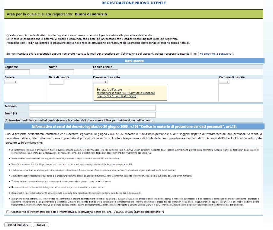 Cliccando su Registrati, verrà visualizzata la scheda da compilare in