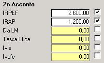 Cosa fare se si desidera pagare un importo diverso dal calcolato. Il programma calcola il secondo acconto con il seguente schema: (Base imponibile) x (% totale dell acconto) (importo del 1 acconto).