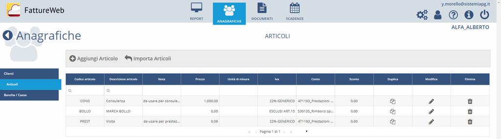 CARICAMENTO ANAGRAFICHE ARTICOLI 1) Posizionarsi sul bottone ANAGRAFICHE, sezione Articoli e cliccare su Aggiungi Articolo 2) Gli articoli vogliono rappresentare sia delle merci da vendere che