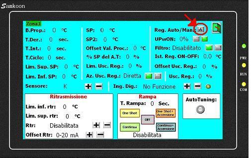 Dalla seguente schermata: è possibile cambiare il tipo di sensore attraverso le aree sensibili + e - : 4- Impostazione tipo di regolazione: AUTOMATICA o MANUALE Per poter cambiare lo stato di