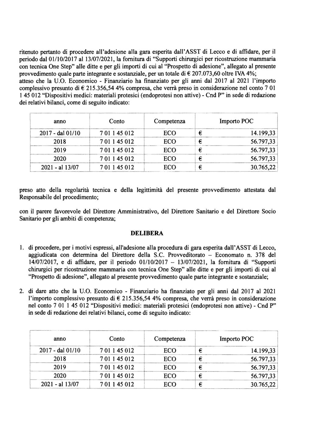 ritenuto pertanto di procedere all'adesione alla gara esperita dall'asst di Lecco e di affidare, per il periodo dal 01/10/2017 al 13/07/2021, la fornitura di "Supporti chirurgici per ricostruzione