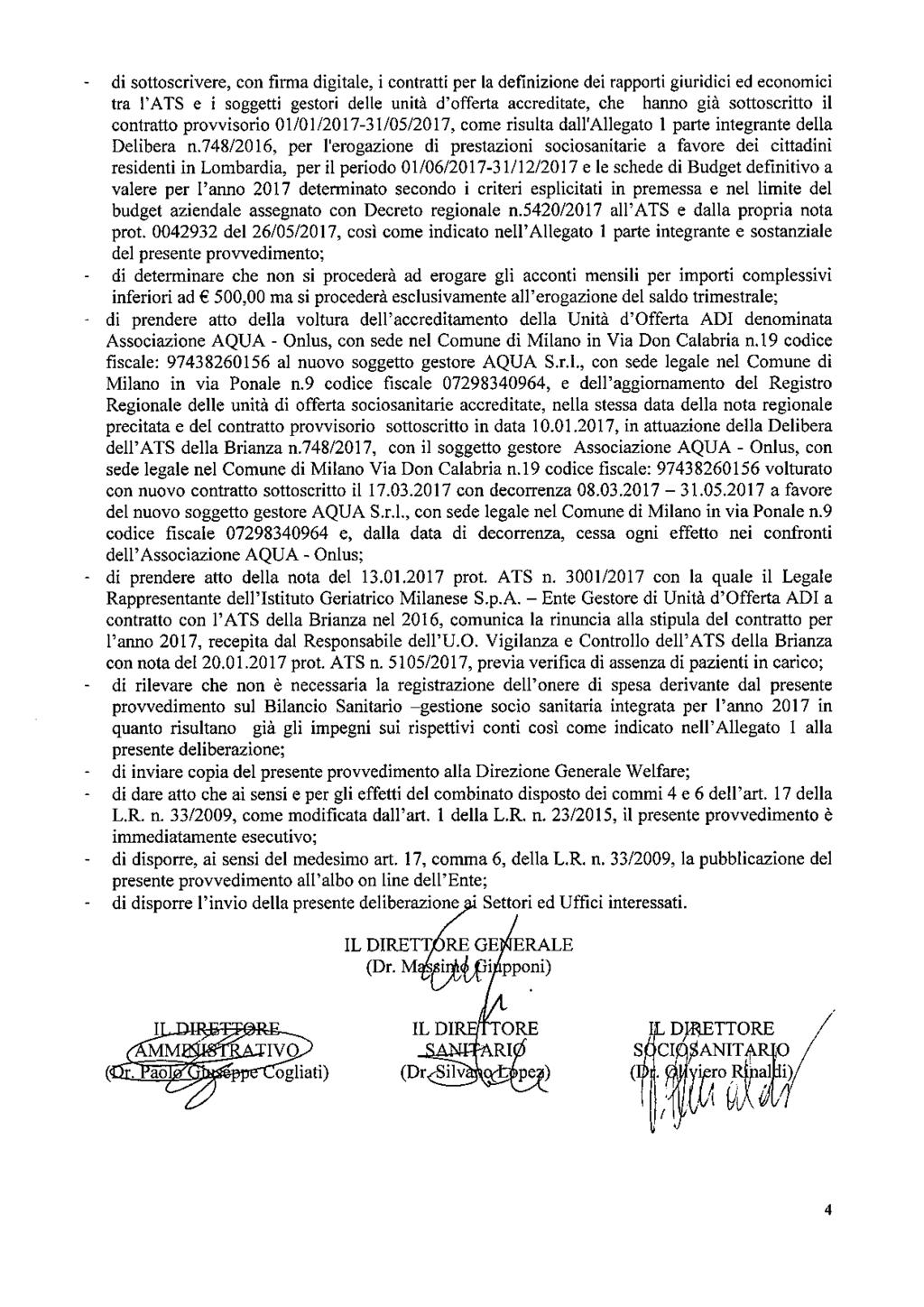 di sottoscrivere, con firma digitale, i contratti per la definizione dei rapporti giuridici ed economici tra l'ats e i soggetti gestori delle unità d'offerta accreditate, che hanno già sottoscritto