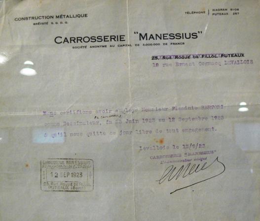 1^ Esordio (b) Il servizio presso la Carrozzeria parigina Manessius dal 23 giugno 1923 al 12 settembre del 1923 viene testimoniato dal certificato
