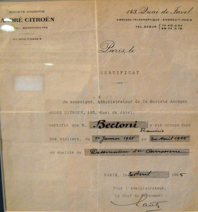 6^ Esordio Certificato che testimonia il servizio prestato da Bertoni alla Citroën dal 1 gennaio al 30 aprile del 1925 durante il periodo di lavorazione presso un
