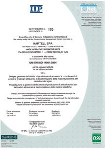 Dal 1996 Kartell ha certificato il proprio Sistema di Gestione della Qualità Aziendale, secondo le norme UNI EN ISO 9001; dal 2012 Kartell ha inoltre conseguito l ambiziosa certificazione UNI EN ISO