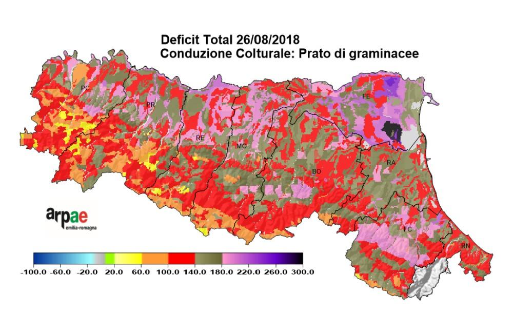 L acqua nel suolo in pianura Deficit rispetto alla cc A fine mese i valori di deficit in pianura sono stimati compresi tra 100 e 200 mm.