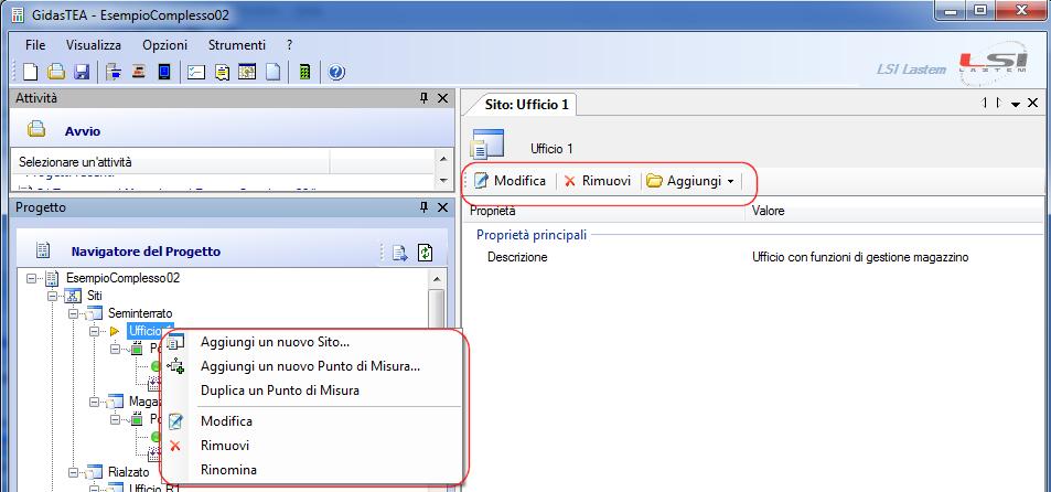 In questo esempio è stato selezionato un sito (Ufficio 1): è possibile eseguire su questo elemento alcune azioni (Aggiungi un nuovo sito, Aggiungi un nuovo