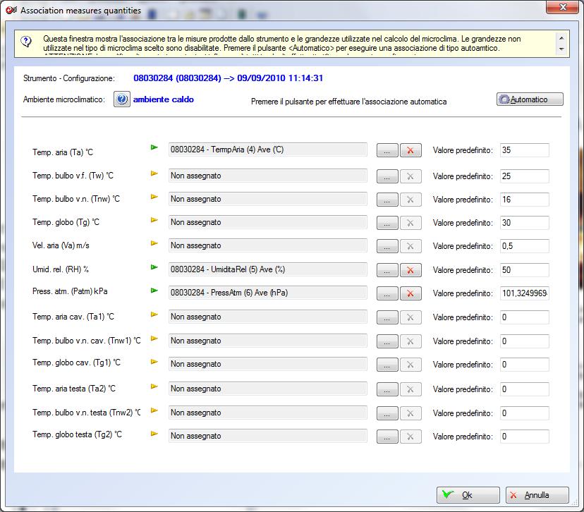 Questo pulsante avvia la finestra di associazione che mostra per tutte le grandezze utilizzate nei calcoli di un determinato ambiente microclimatico i canali misurati associati e i valori di default