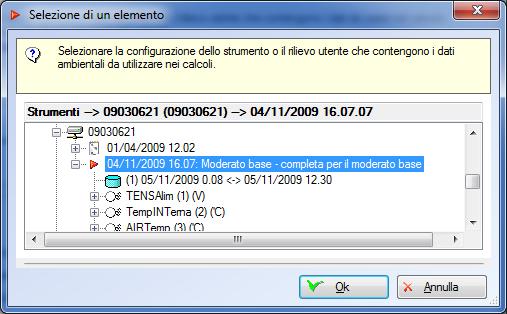 Questa finestra mostra lo strumento di matricola 09030621 configurato in data 04/11/2009 che contiene un rilievo definito dall utente iniziato il 05/11/2009 e terminato lo stesso giorno.