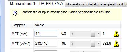 a sinistra si trovano i dati di ingresso che possono essere modificati sia inserendo direttamente il valore nella casella di testo che utilizzando il cursore di scorrimento; a destra si trovano i