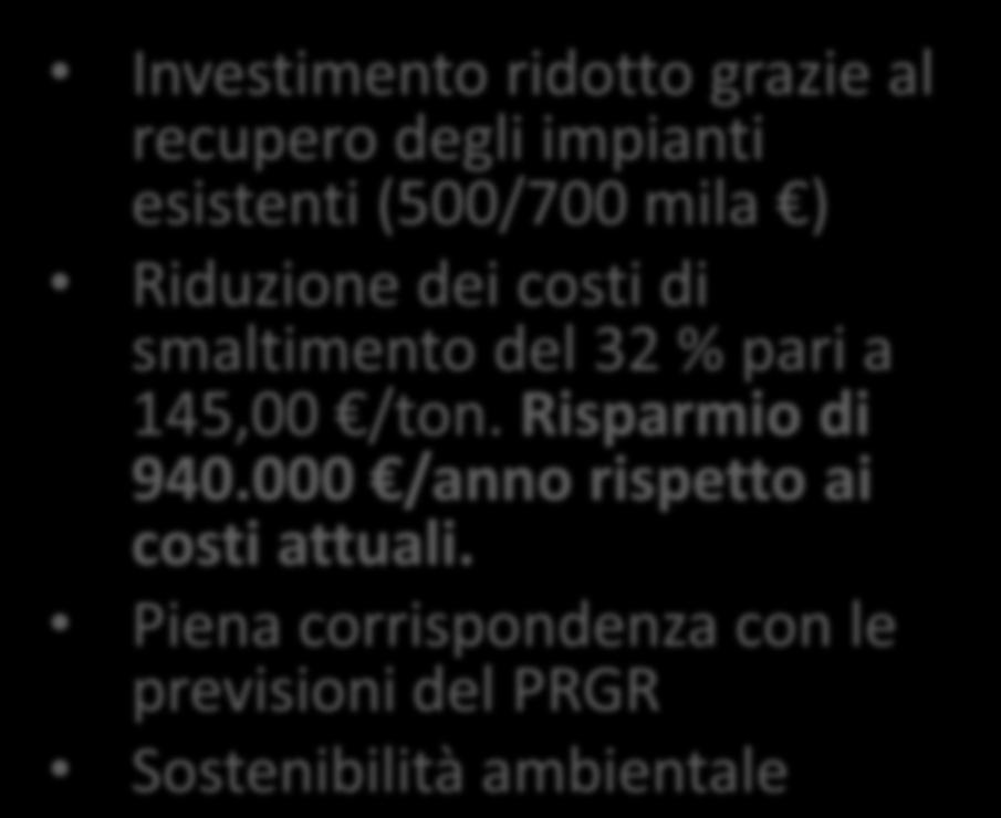 PROPOSTA Investimento ridotto grazie al recupero degli impianti esistenti (500/700 mila )