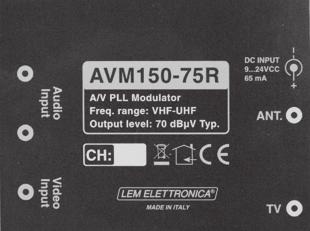 AVM150-75R Modulatore VHF - UHF audio video 100 mm Controllo frequenza audio e video a PLL Ingresso A/V con RCA Controllo I2C BUS a microprocessore Livello RF 70 dbµv Generatore di Test Filtro