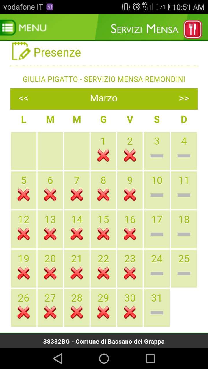 3. Per prenotare il pasto (entro le ore 9:00), segnare la presenza cliccando sul giorno in cui si vuole usufruire del servizio. Apparirà una spunta verde.