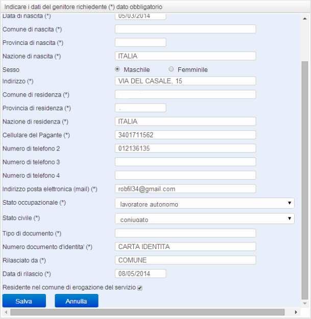 Sezione 1 Richiedente/Pagante. Inserite i dati richiesti, con carattere MAIUSCOLO E SENZA ACCENTI. Dopo aver completato la compilazione, apparirà a fondo pagina il tasto Salva. Cliccate per procedere.