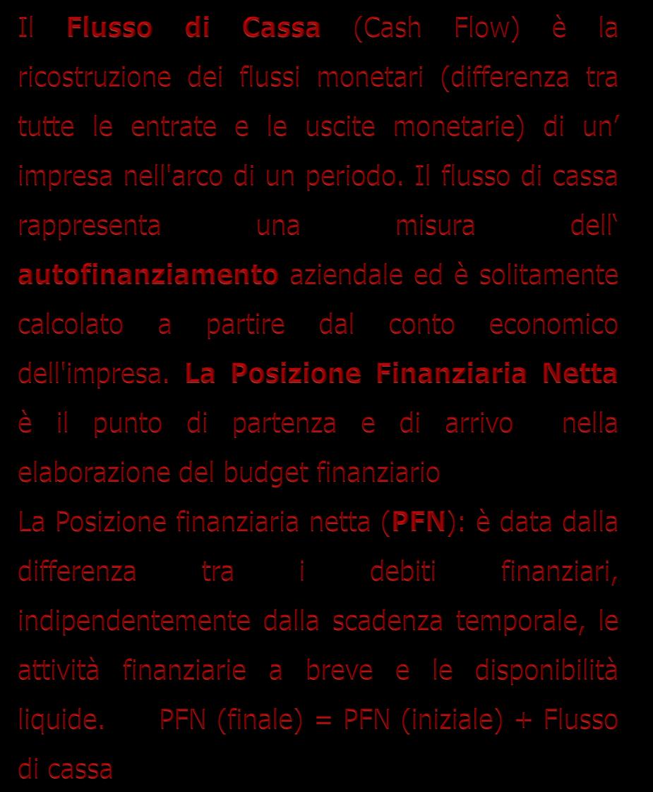 Flusso di cassa e Posizione Finanziaria Netta - CASSA + - BANCHE ATTIVE (saldi a credito di c/c, depositi) + - CREDITI FINANZIARI