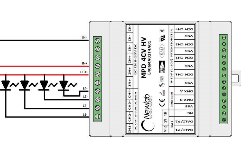 ALIMENTAZIONE DEL DISPOSITIVO E CONNESSIONE AL MODULO LED COLLEGAMENTO ALIMENTAZIONE E LED L406MA Il dimmer L406MA e L405MA deve essere alimentato secondo la polarità indicata in FIG.