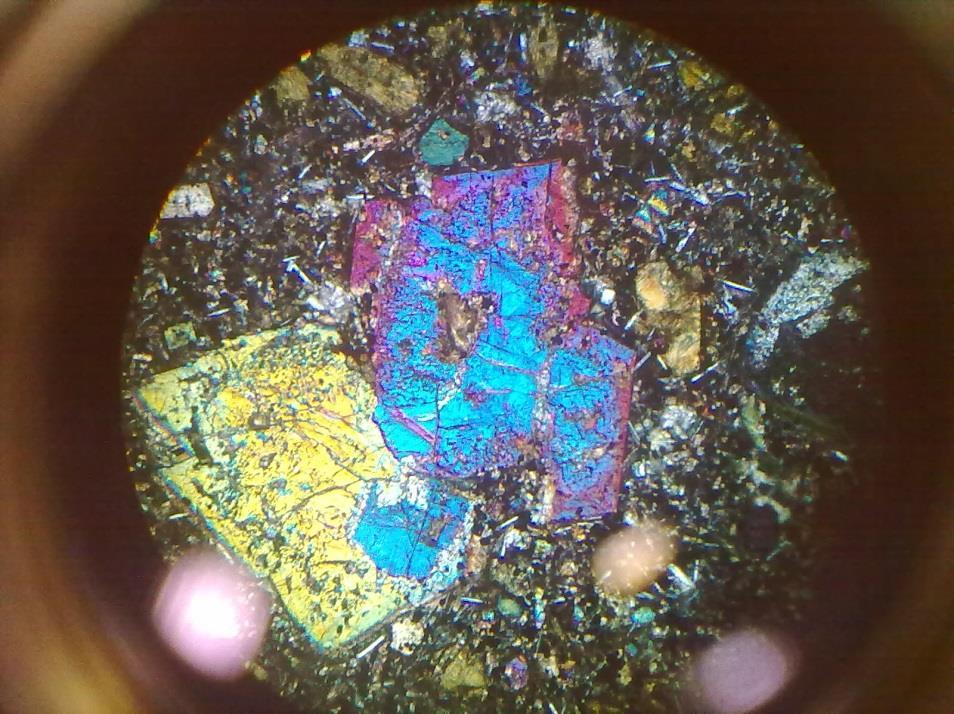 intergranulare (basalti), è presente una frazione non molto abbondante di vetro. I principali minerali che si osservano sono femici ed ossidi.