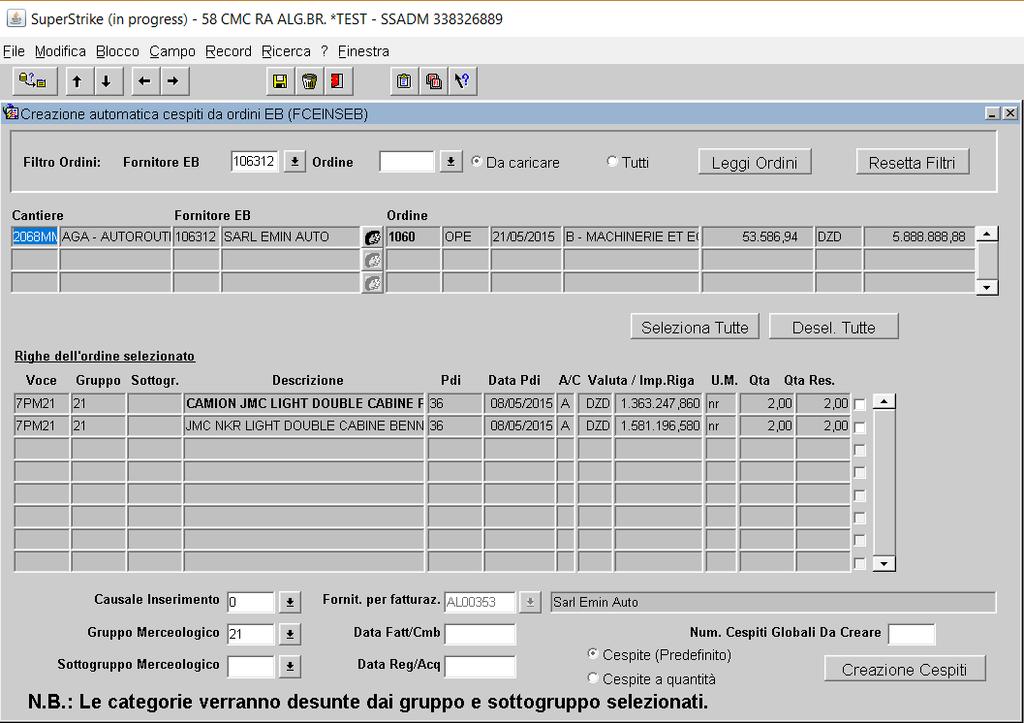 Nell elenco in alto sono visualizzati gli ordini da caricare in stato almeno EMSD (quindi EMSD, SPED, FOR oppure OPE) che hanno almeno una riga con proposta di investimento, non ancora caricata in